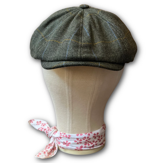 Green herringbone with overcheck tweed baker boy cap