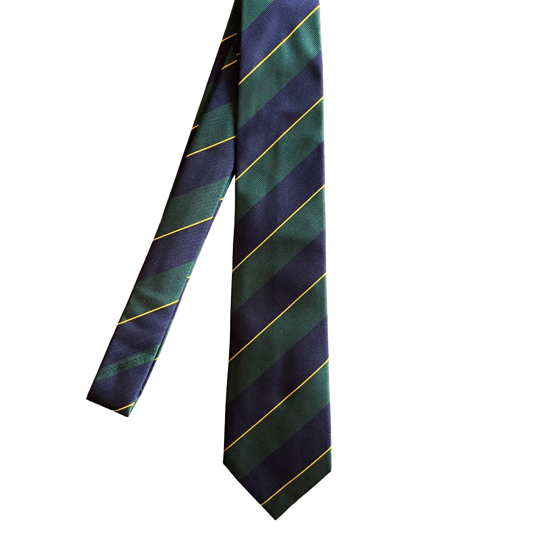 A striped necktie with diagonal bands of dark green, navy blue, and purple, accented by thin yellow stripes, shown against a plain white background.