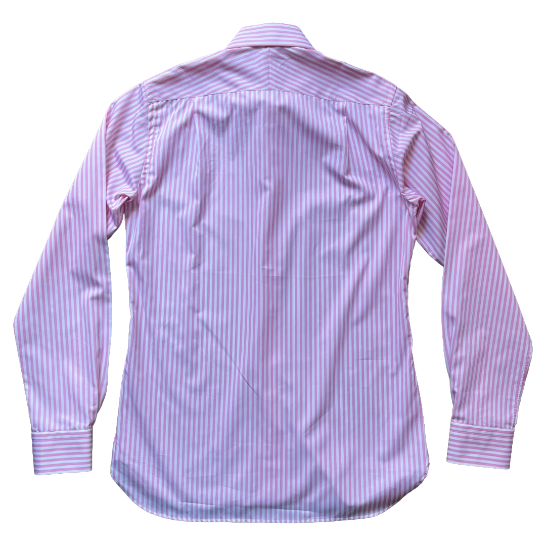 A long-sleeve button-up shirt shown from the back, featuring a vertical stripe pattern in light pink and white.