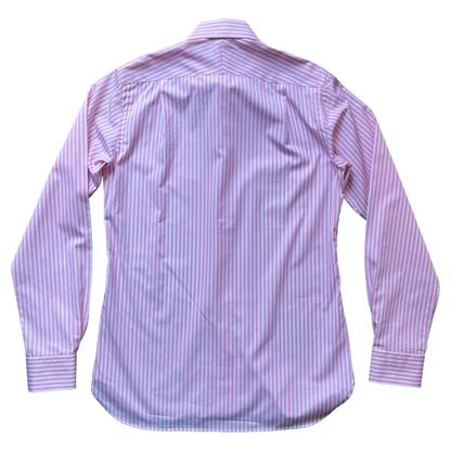 A long-sleeve button-up shirt shown from the back, featuring a vertical stripe pattern in light pink and white.