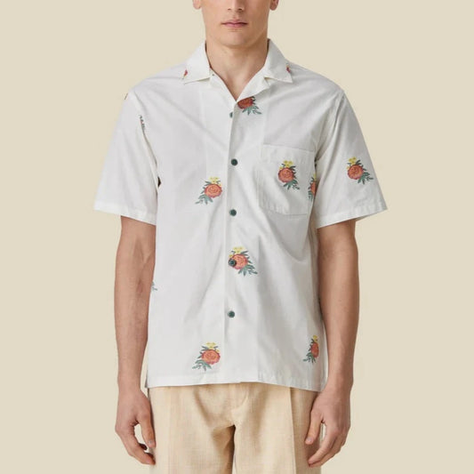 Portuguese Flannel White cotton short sleeve shirt with embroidered flowers