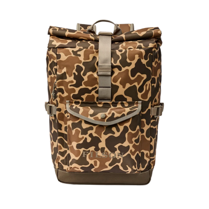 A roll-top backpack in a brown, beige, and black camouflage pattern, featuring a front utility pocket with a snap button and a central vertical strap closure, shown against a plain white background.