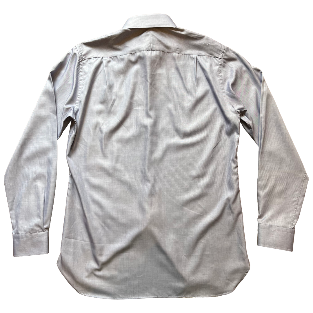 The back view of a light gray long-sleeve button-down shirt on a solid white background.