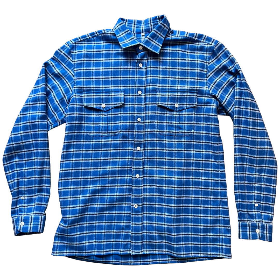 A blue and white check long-sleeve button-up shirt with two chest pockets, laid flat 
