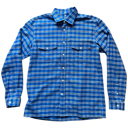 A blue and white check long-sleeve button-up shirt with two chest pockets, laid flat 