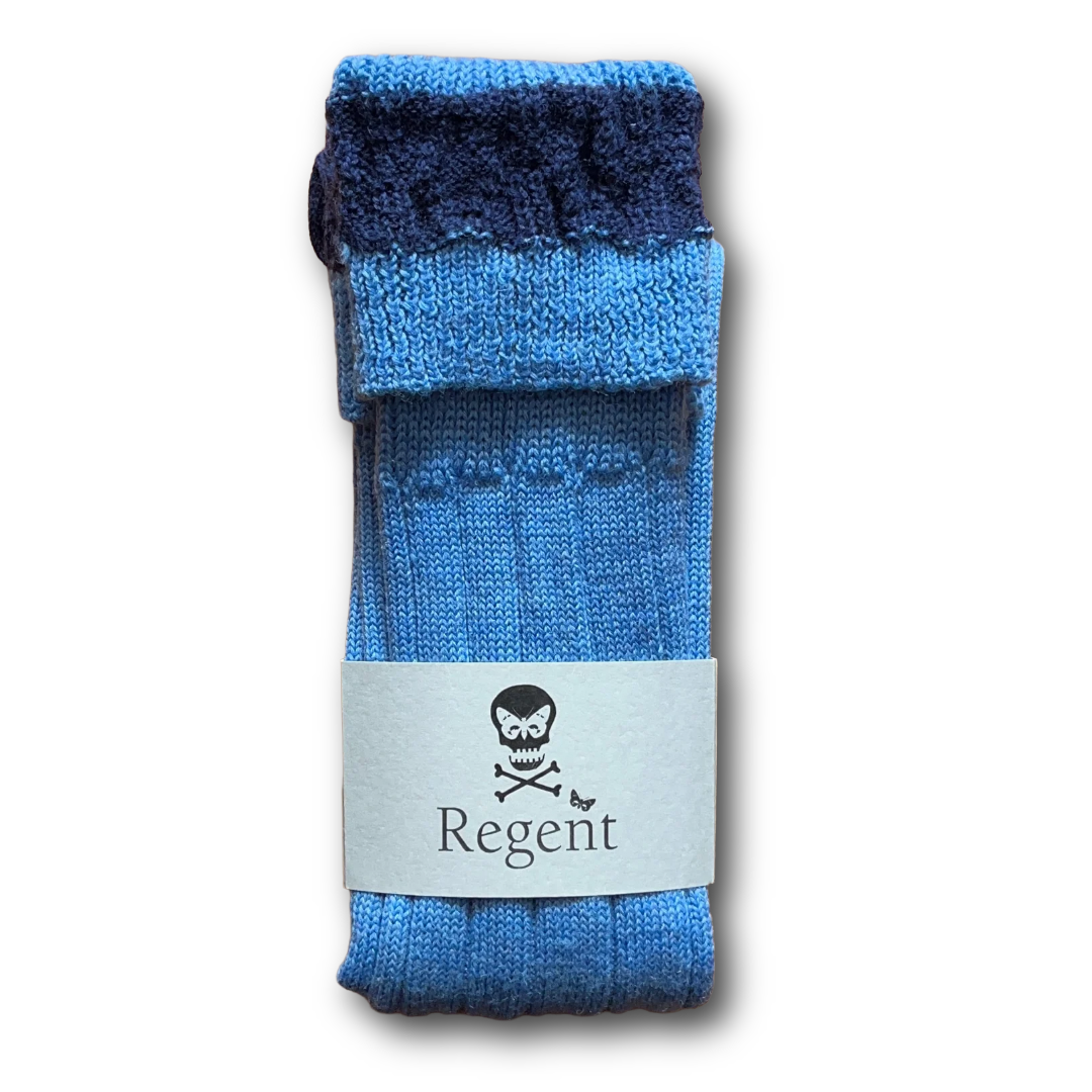 Blue and navy woollen boot sock with contrasting navy cuff sold at regent in salisbury