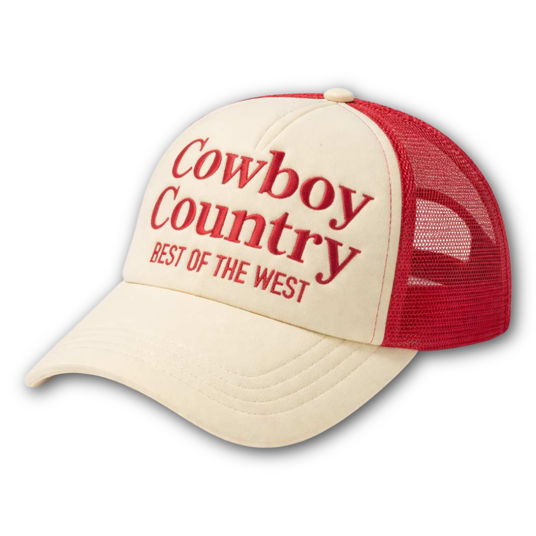 Beige and red cap with 'Cowboy Country Best of the West' text on 
