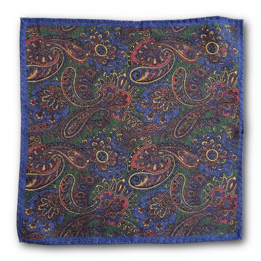 Regent - Wool Pocket Square - Navy and Green Paisley