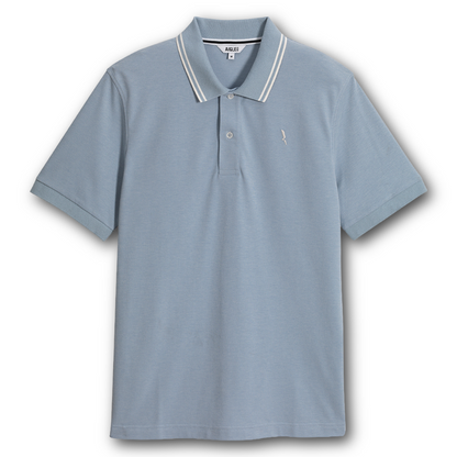 Aigle light blue dryfast polo shirt with white trim on a white background sold at Regent in Salisbury
