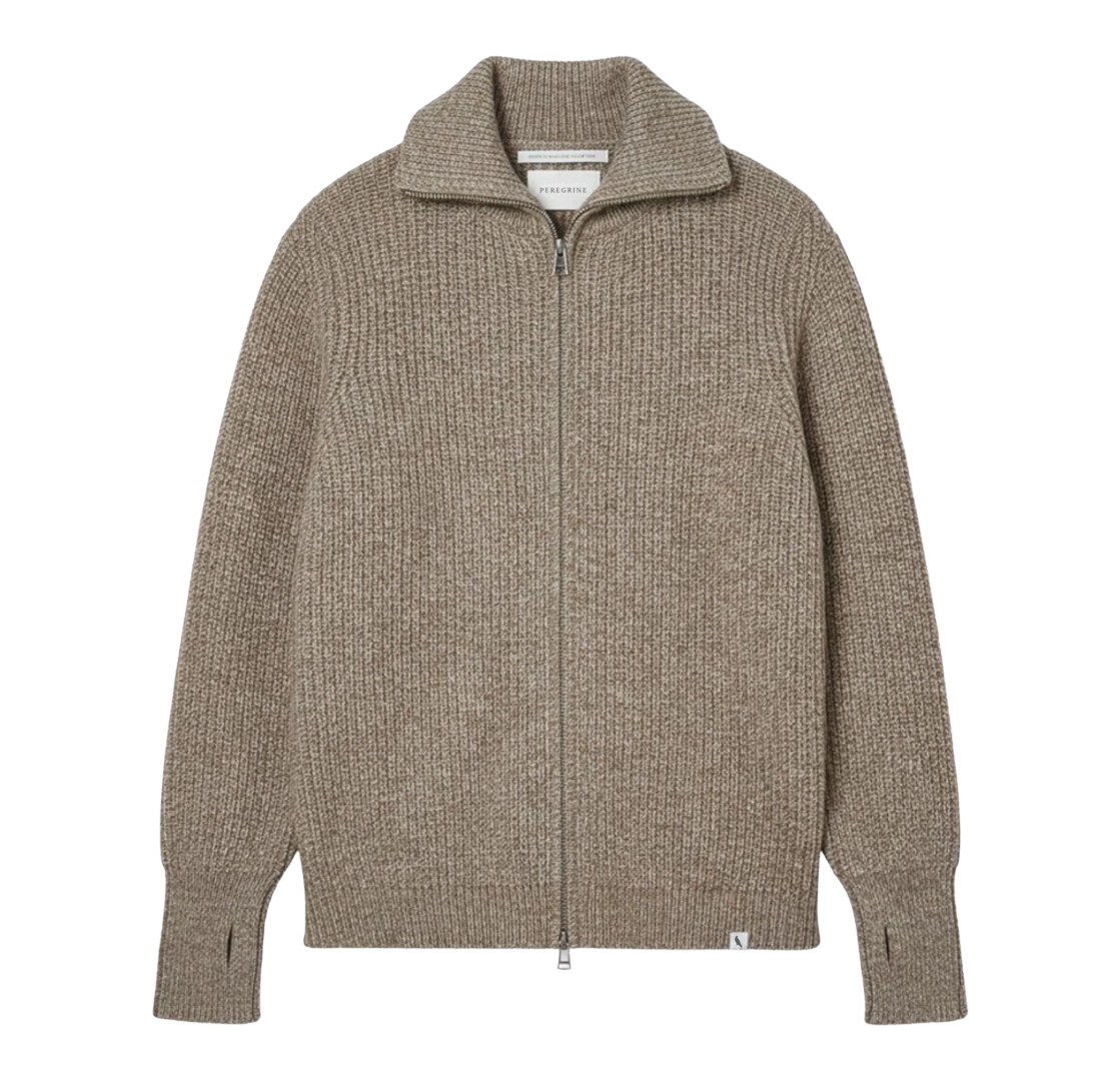 A taupe brown ribbed knit zip-up cardigan sweater with a stand-up collar, shown flat on a white background.