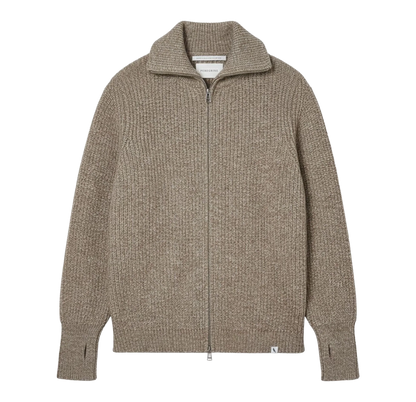A taupe brown ribbed knit zip-up cardigan sweater with a stand-up collar, shown flat on a white background.