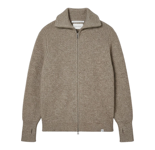 A taupe brown ribbed knit zip-up cardigan sweater with a stand-up collar, shown flat on a white background.