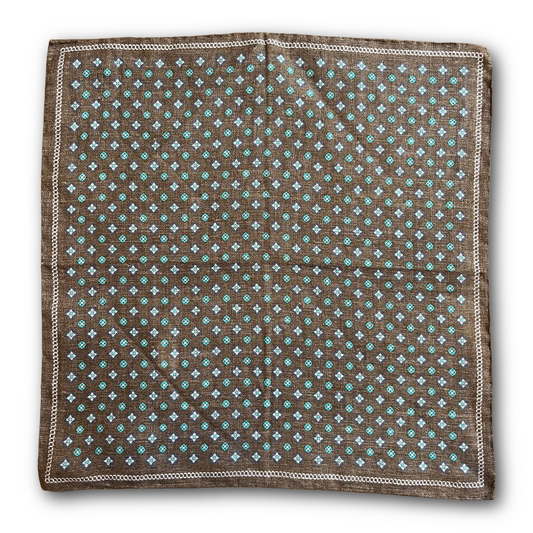 Amanda Christensen - Linen Pocket Square - Brown with Navy and Turquoise Pattern