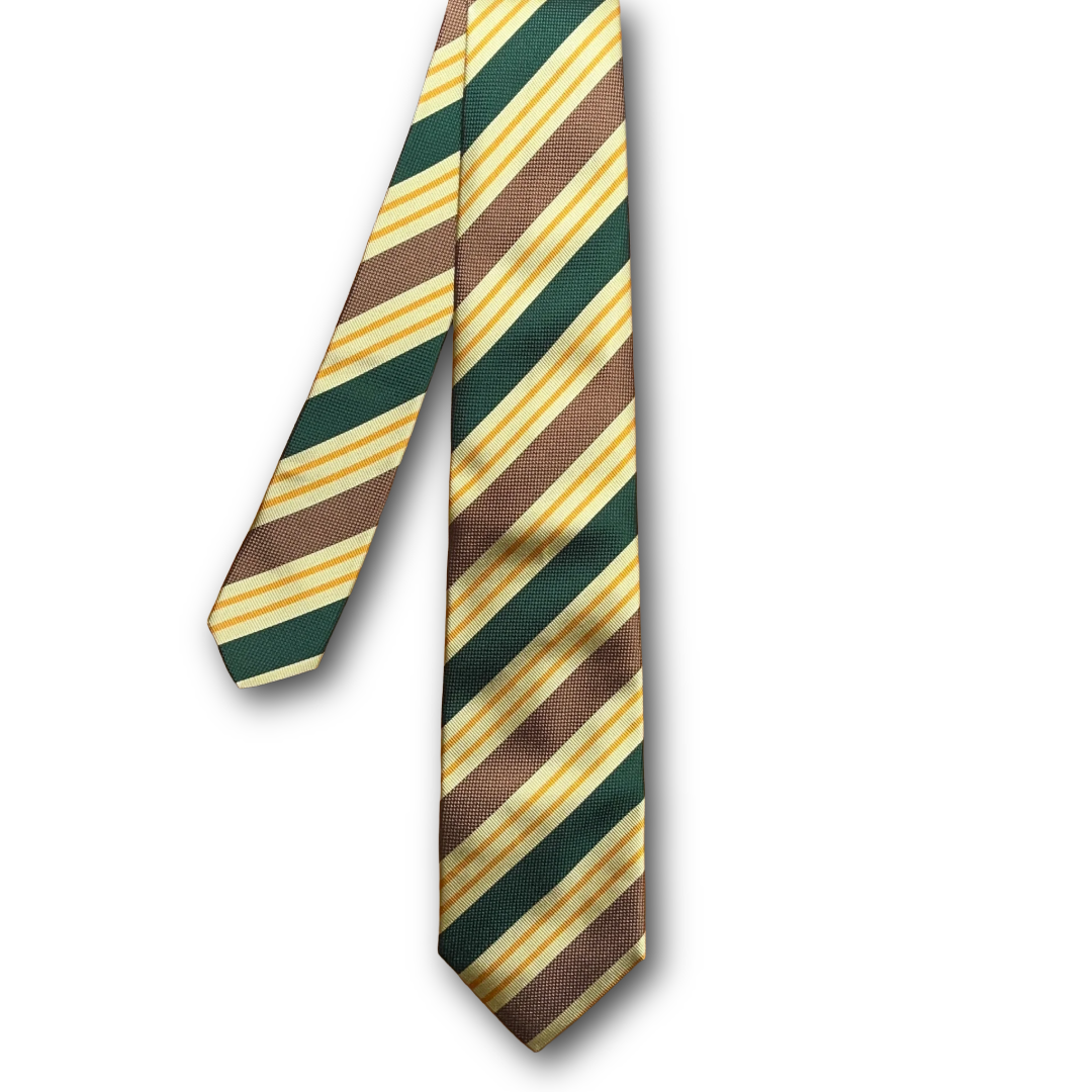 Regent - Woven Silk Tie - Brown, Racing Green, and Gold Stripes