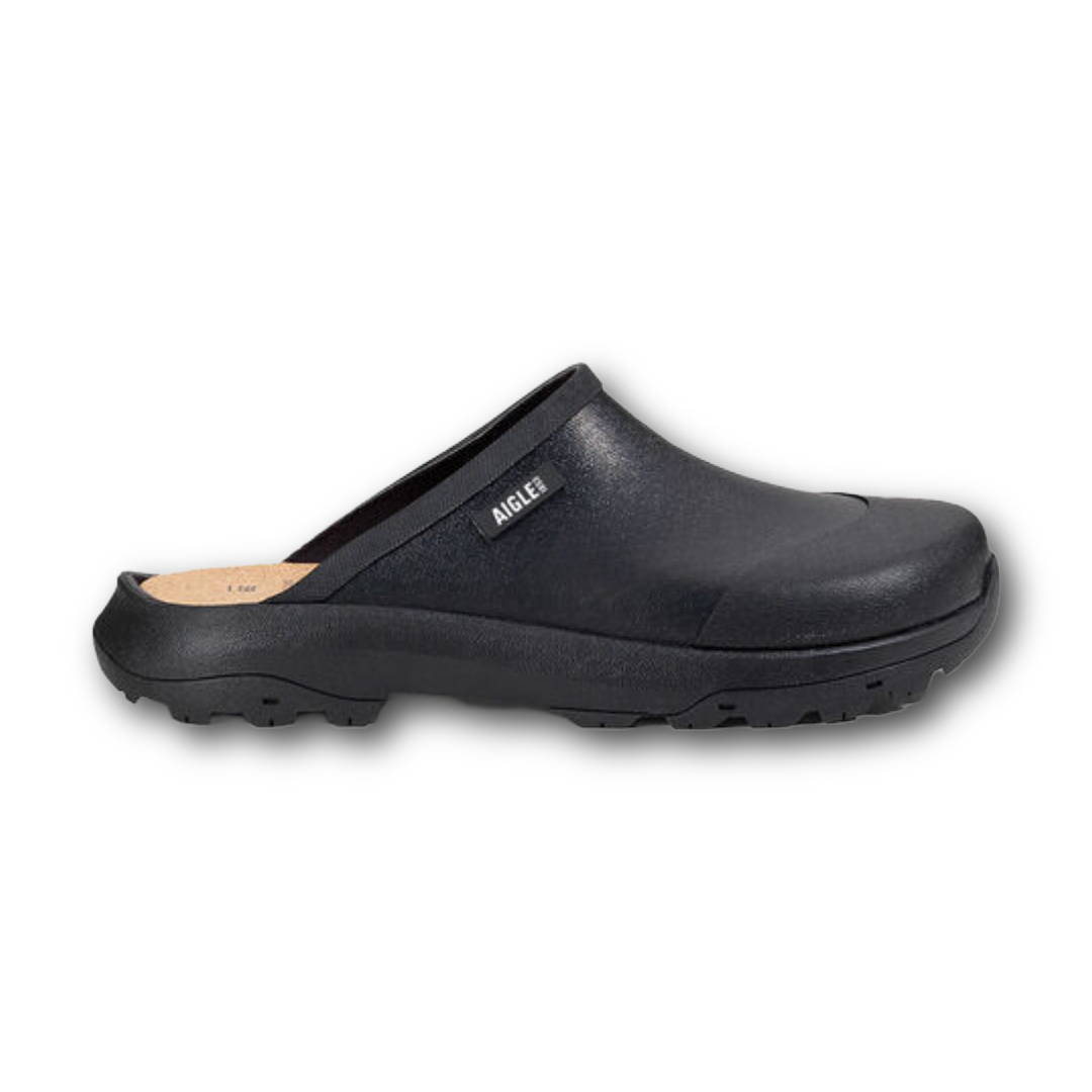 Black comfortable, rubber clog shoe Aigle sold at Regent in Salisbury