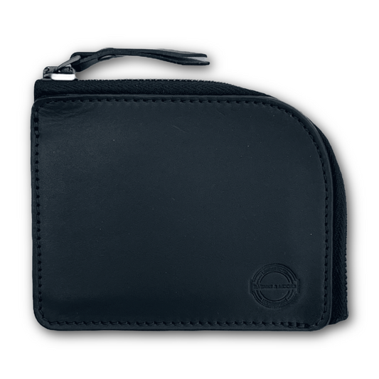 Barnes and Moore high quality black leather zipped wallet fastened with a metal Riri zip sold at regent in salisbury