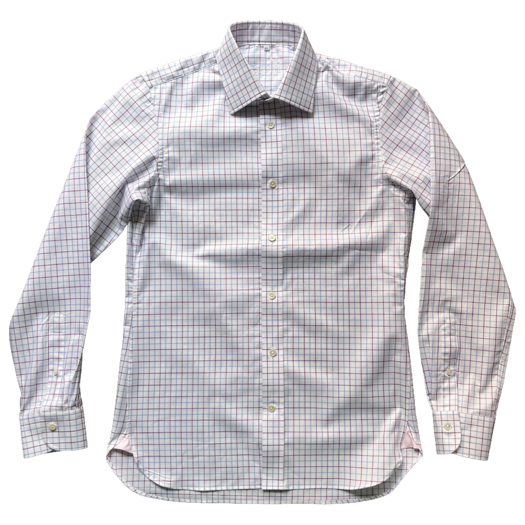 A long-sleeve button-down dress shirt with a fine windowpane check pattern in white, light blue, and red, laid flat against a white background.