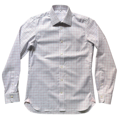 A long-sleeve button-down dress shirt with a fine windowpane check pattern in white, light blue, and red, laid flat against a white background.