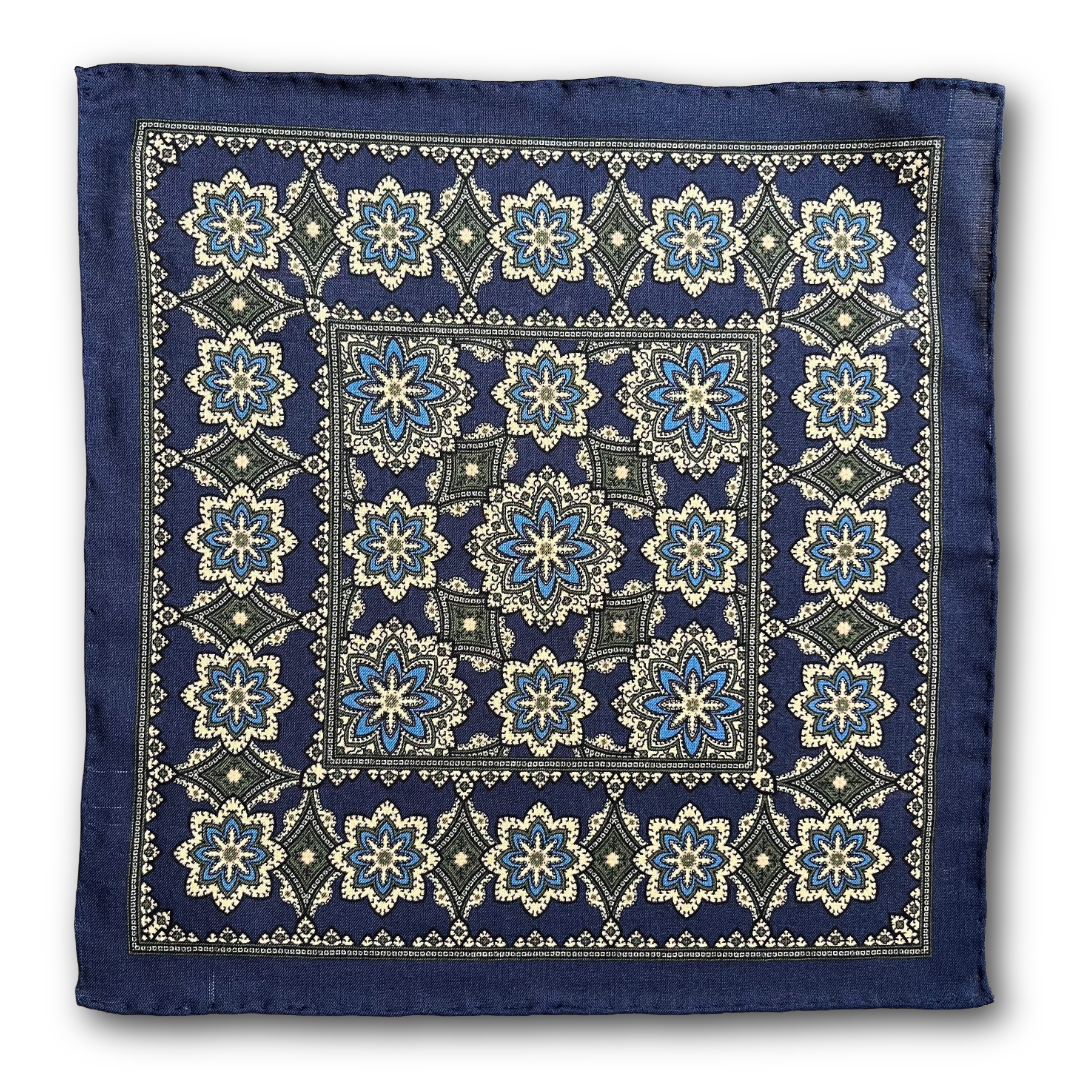 Regent - Wool/Silk Pocket Square - Navy/Green Motif