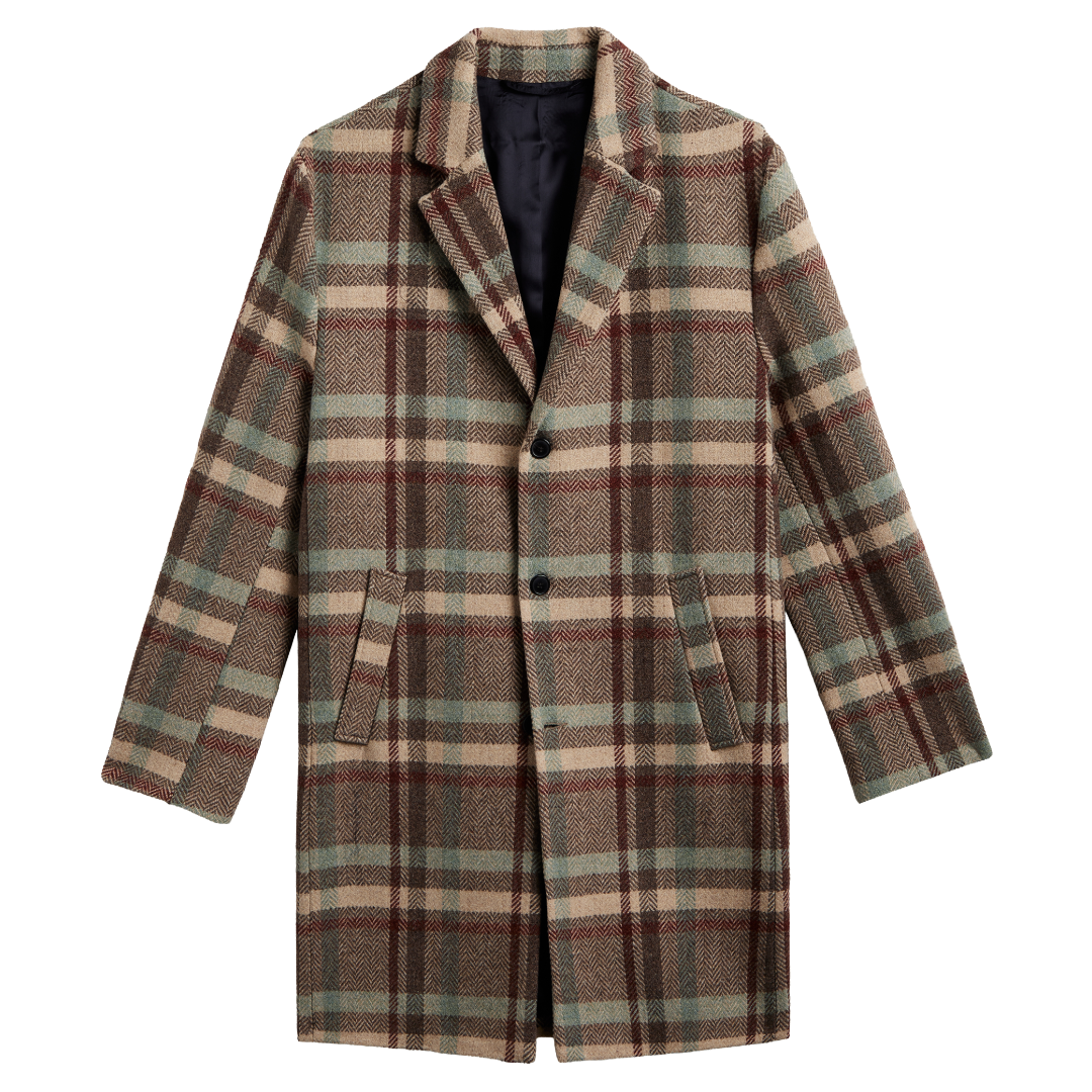 A mid-length plaid coat in beige, brown, and muted green tones, shown flat against a solid white background.