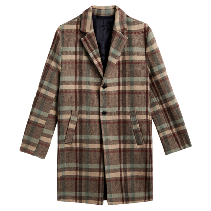 A mid-length plaid coat in beige, brown, and muted green tones, shown flat against a solid white background.