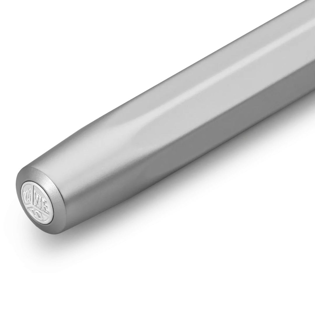 A close-up of a metallic silver pen embossed logo on the end, shown against a clean white background.