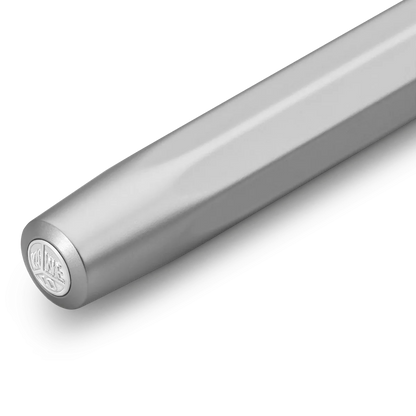 A close-up of a metallic silver pen embossed logo on the end, shown against a clean white background.