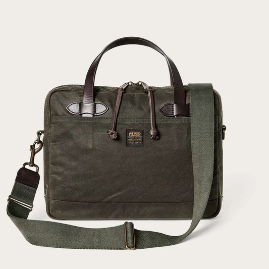 Otter green waxed briefcase with pouches and leather straps.