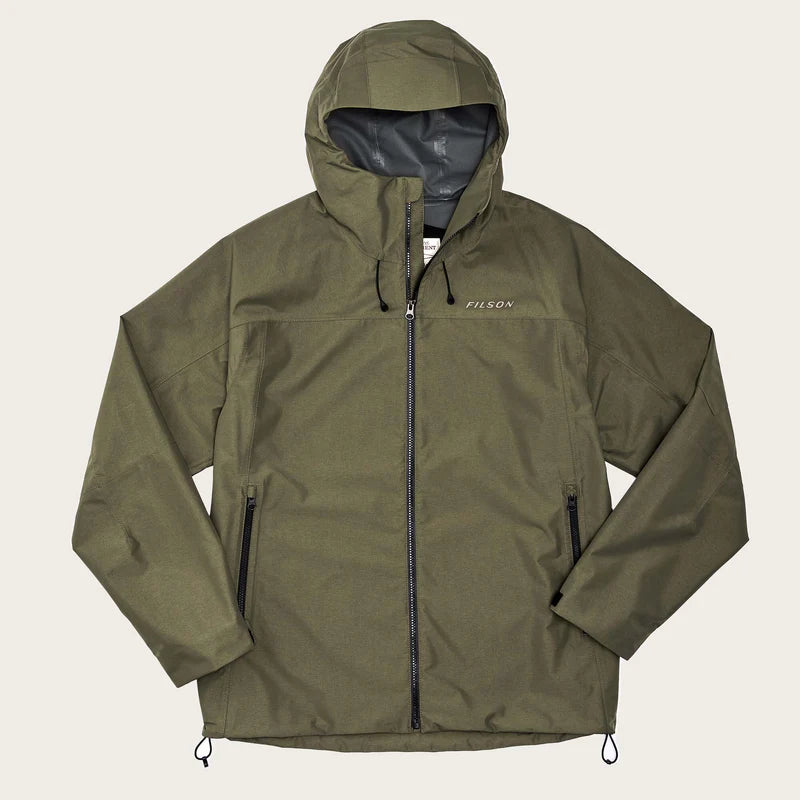 green lightweight waterproof jacket  with full zip and two angled pockets at waist  it has Velcro shut sleeves 