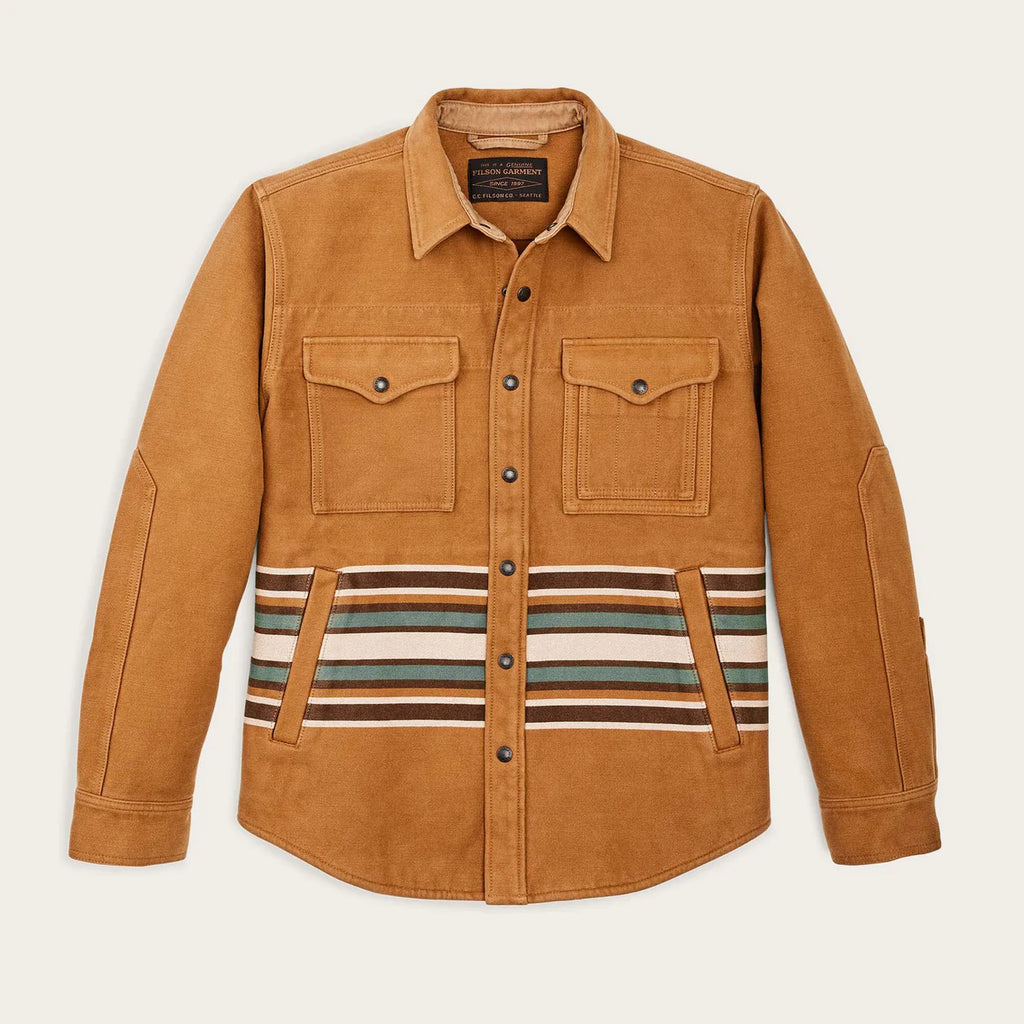 Golden brown Jacket shirt  with mid stripes contrasting along the torso in cream, brown and blue. Two flap chest pockets and button down all the way fastening.