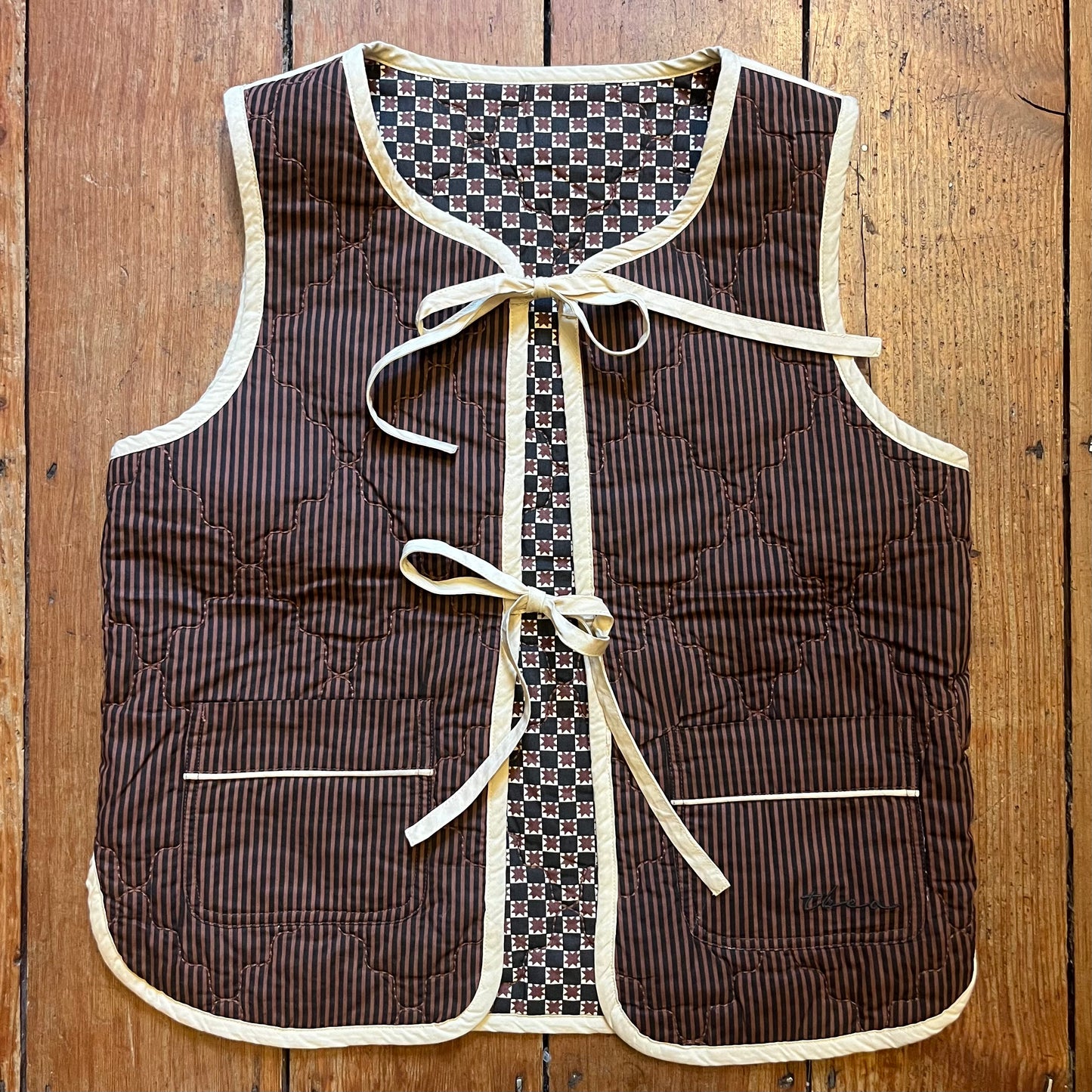 TBCo - Quilted Cotton Vest - Reversible Brown Celestial Stripe