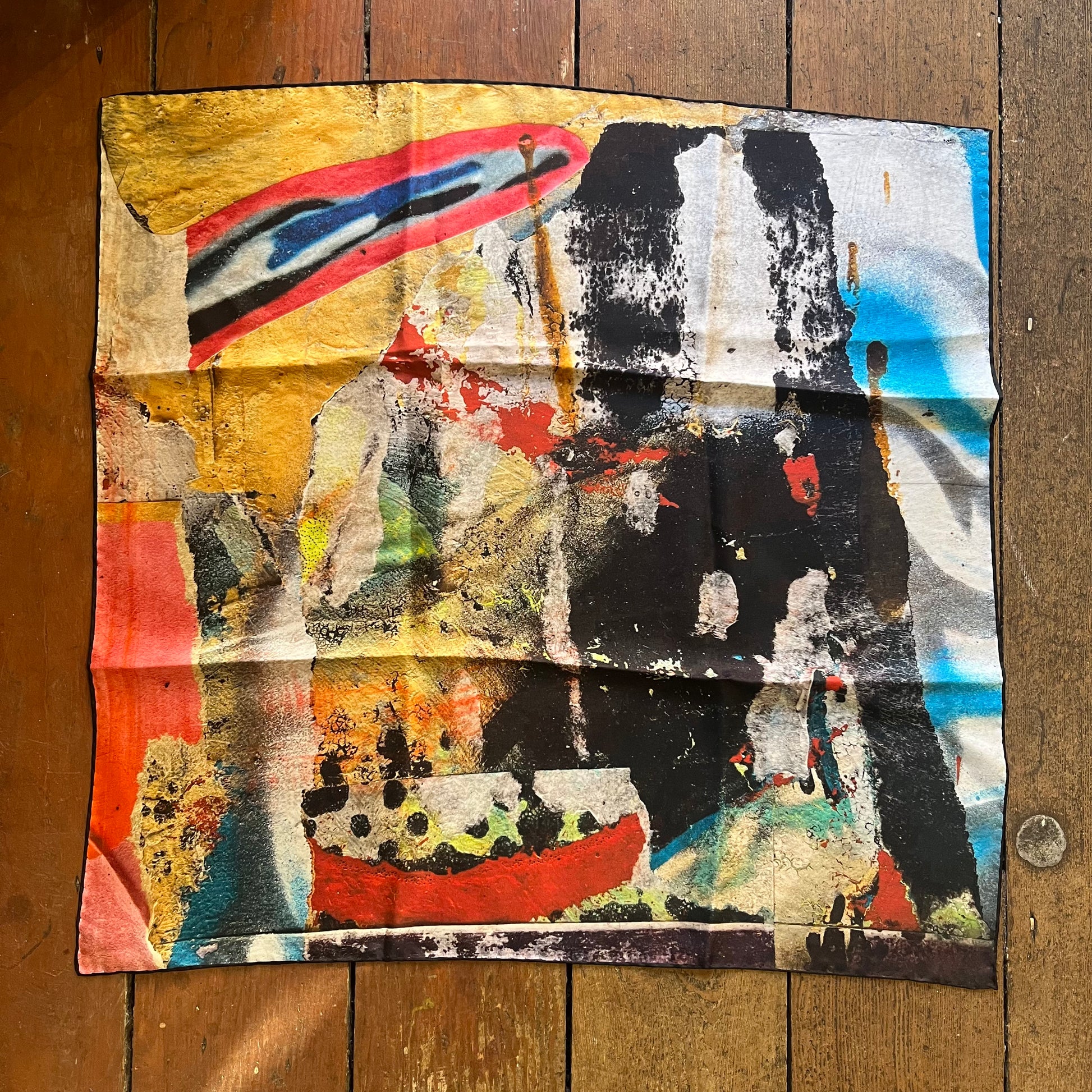 Abstract art piece on a large silk scarf , multicoloured