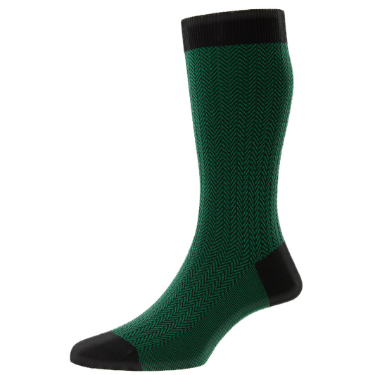 Pantherella - Fabian - Cotton Lisle Socks - Charcoal & Green - Herringbone Pattern