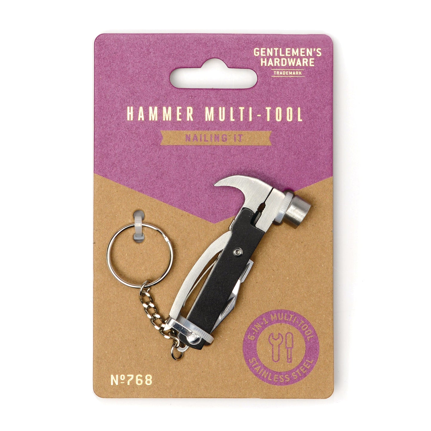 Hammer multi-tool keychain on a packaging card with 'Gentlemen's Hardware' branding.