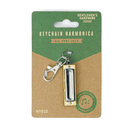 Keychain harmonica on a packaging card with 'Gentlemen's Hardware' branding.