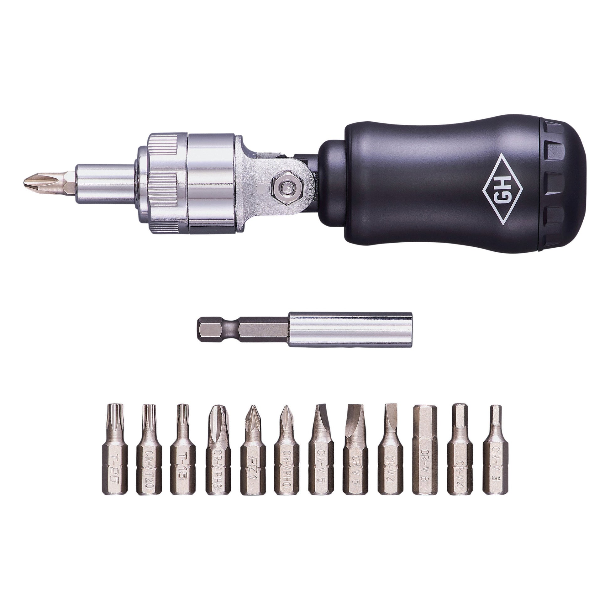Screwdriver set with driver and multiple drill bits on a white background
