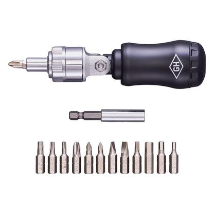 Screwdriver set with driver and multiple drill bits on a white background