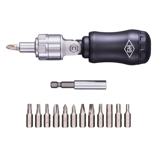 Screwdriver set with driver and multiple drill bits on a white background