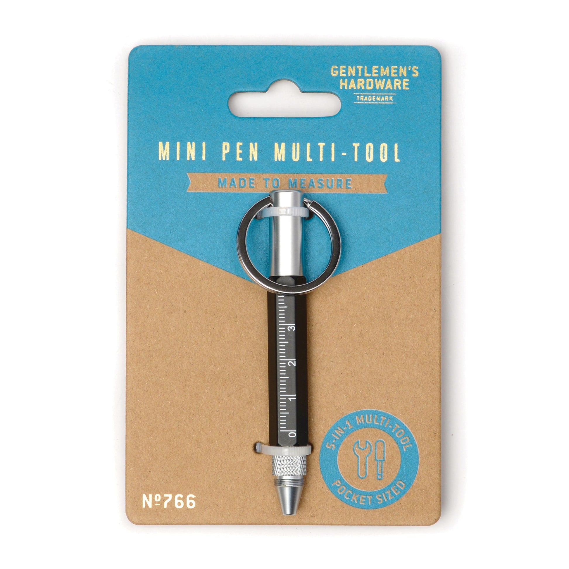 Mini pen multi-tool on a 'Gentlemen's Hardware' branded card with blue and brown design.