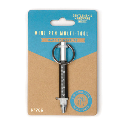 Mini pen multi-tool on a 'Gentlemen's Hardware' branded card with blue and brown design.