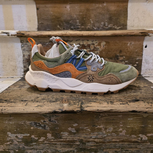 Green/Brown/Multi trainer with suede patches and patterned shoe laces.