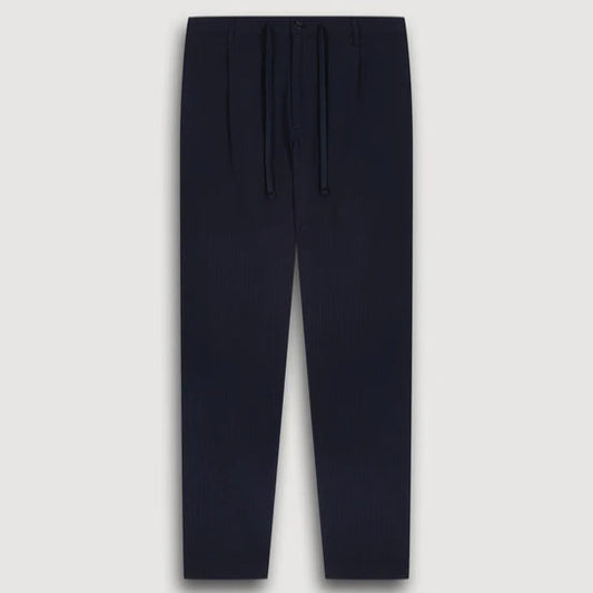 Navy blue seersucker trouser drawstring waist.