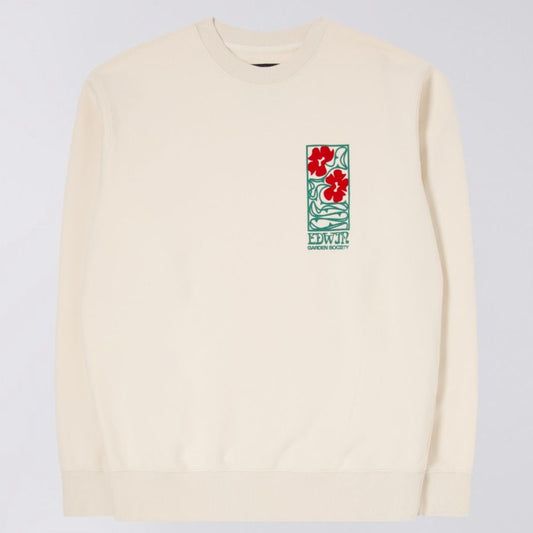 EDWIN, Sweatshirt in white ribbed cuffs and hem, heavyweight felpa cotton, floral red and green felted logo on the chest and crew neck collar.