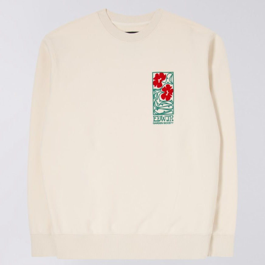 EDWIN, Sweatshirt in white ribbed cuffs and hem, heavyweight felpa cotton, floral red and green felted logo on the chest and crew neck collar.