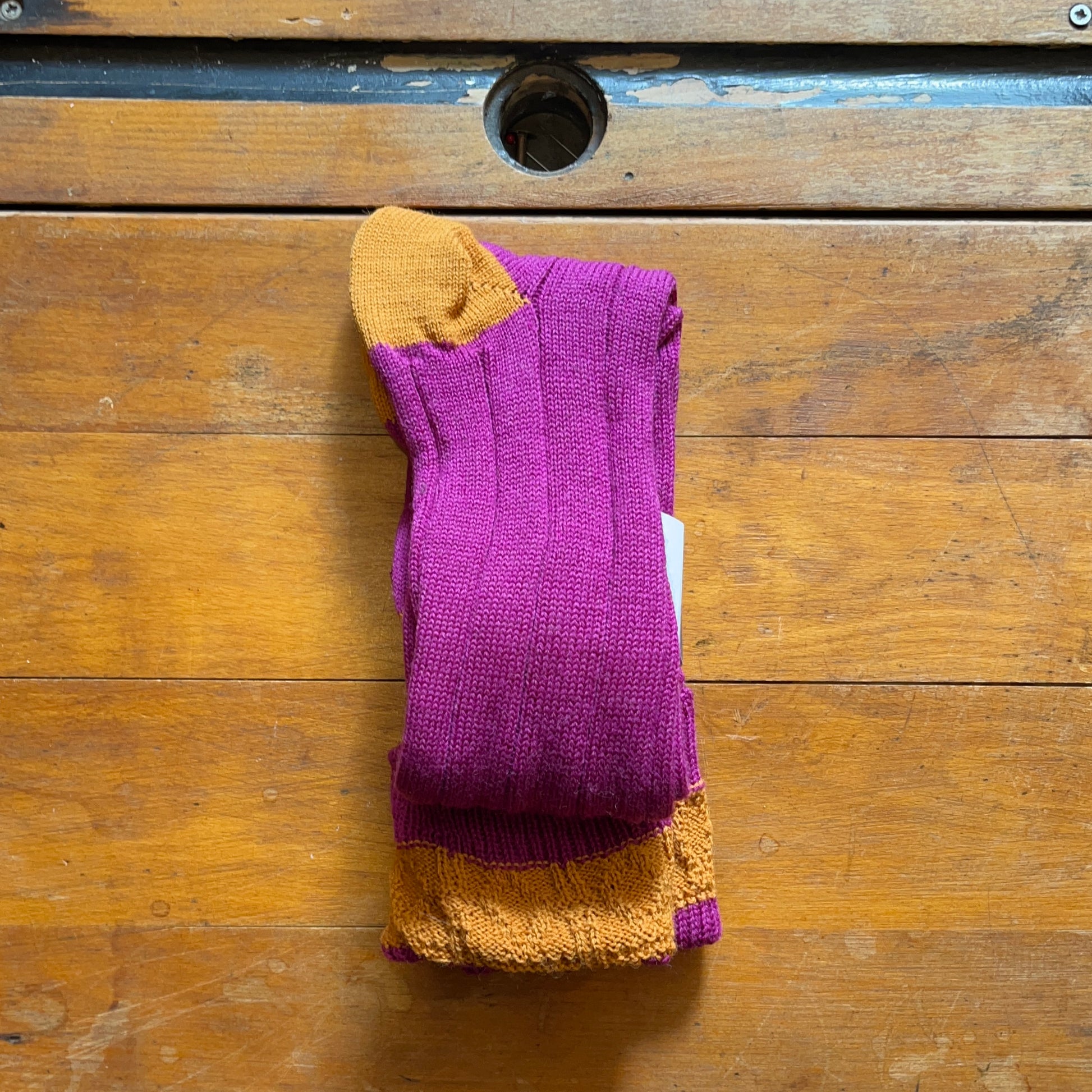 Raspbery coloured woollen boot sock with contrasting ginger cuff