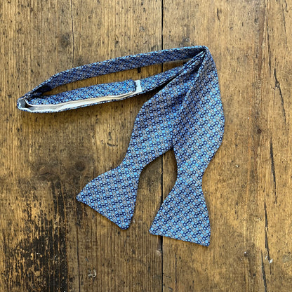 Blue, navy and white Anchor knot style t bow tie, silk available at Regent Tailoring Salisbury.