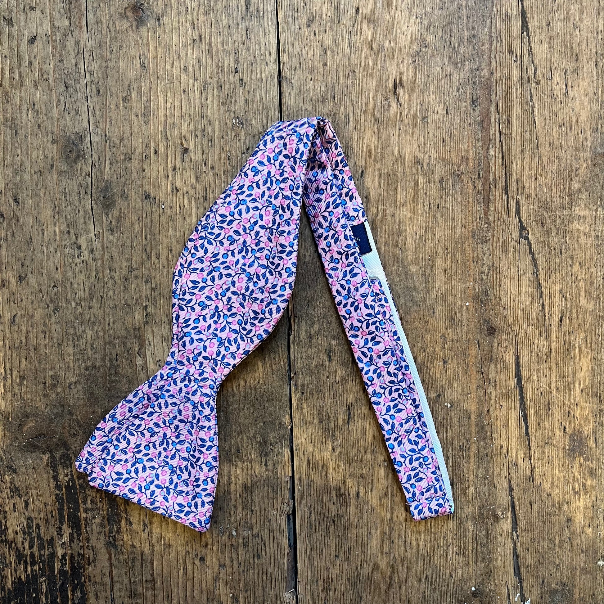 Floral-patterned bow - william morris style, with blueberries - available at Regent Tailoring Salisbury 