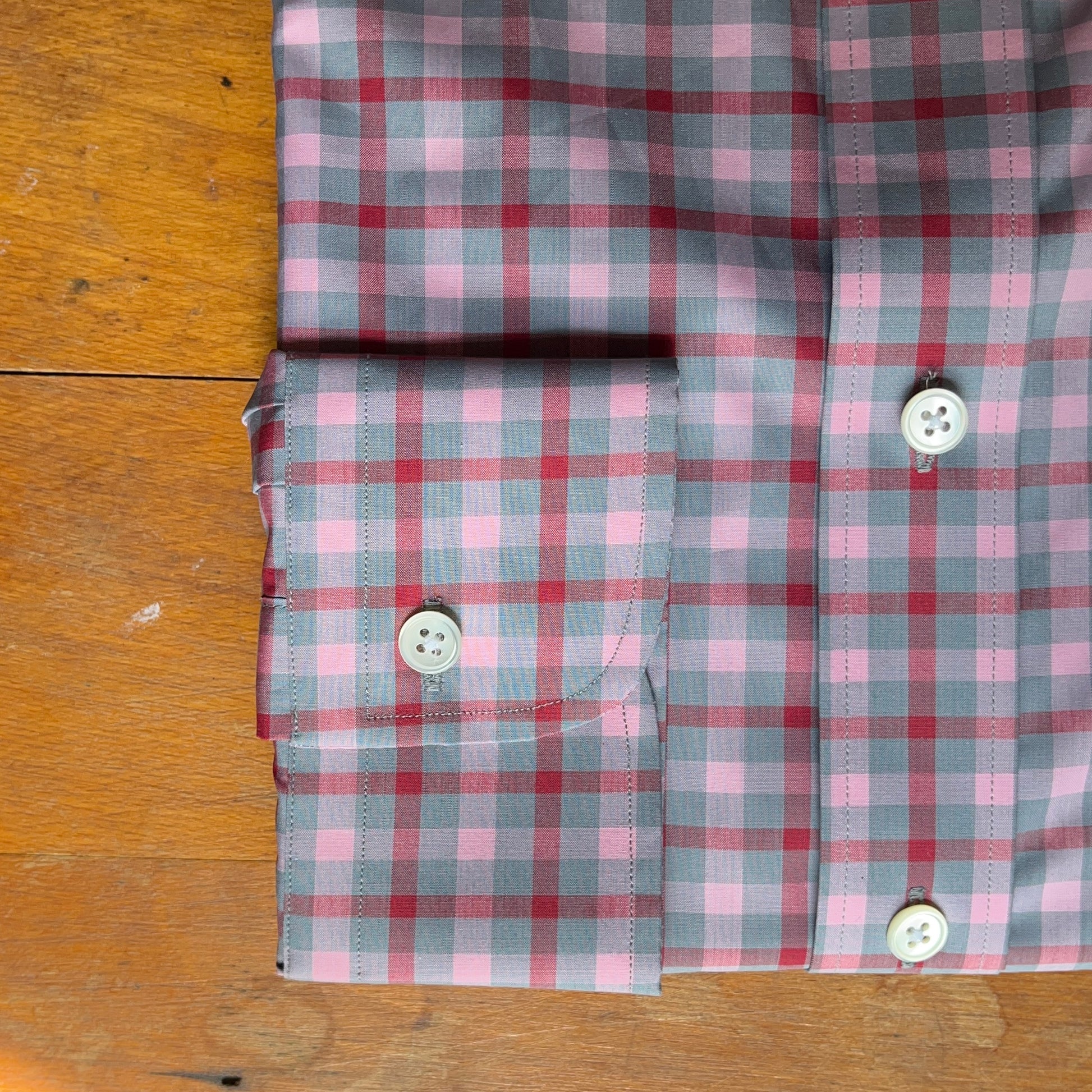 Regent rose pink and red checked shirt with button down collar - cuff