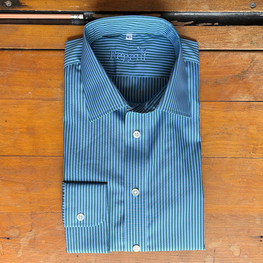 Regent Moolii green and blue striped shirt