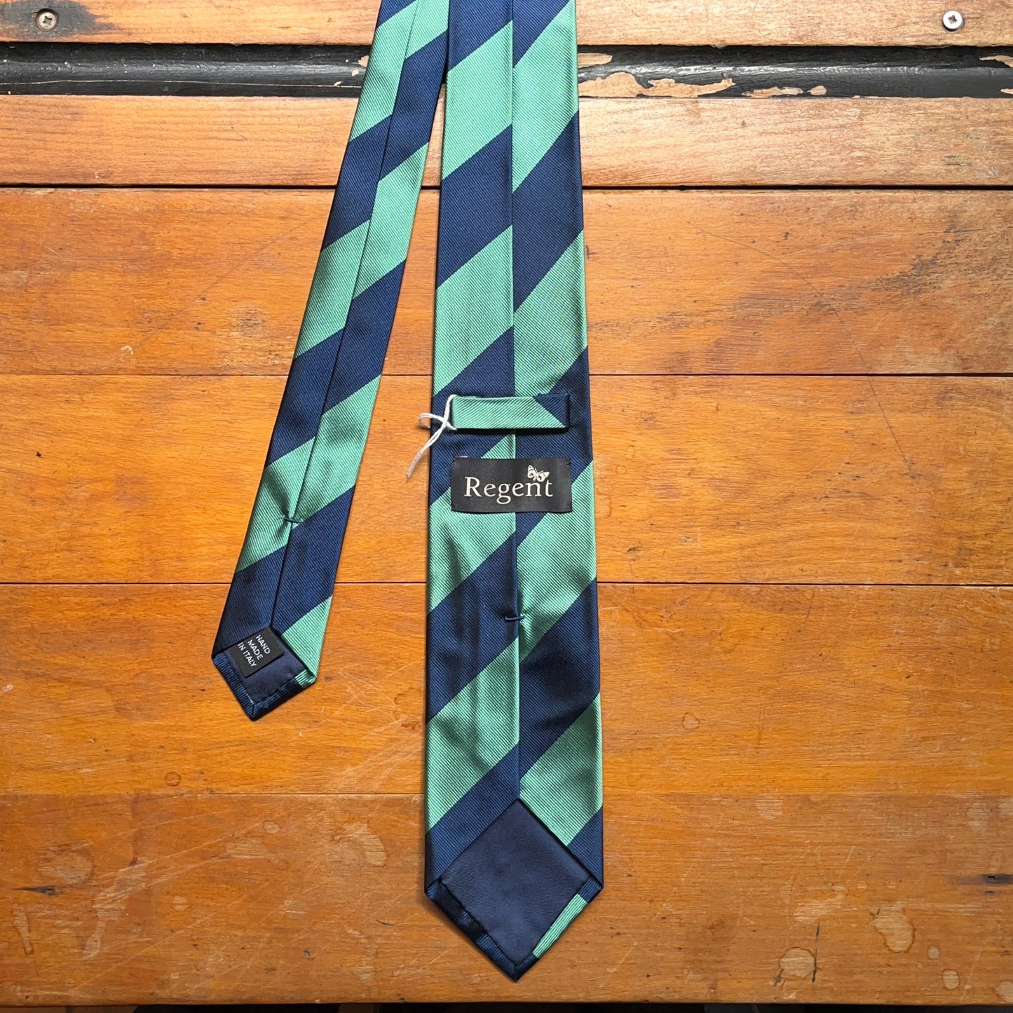 Regent woven silk striped tie - mint green and navy blue - reverse